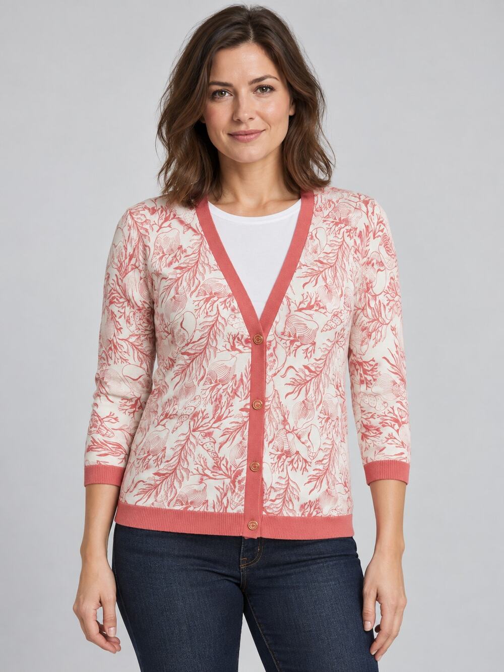 C Wonder Ivory Coral Pink Seashell Print V Neck Cardigan Small